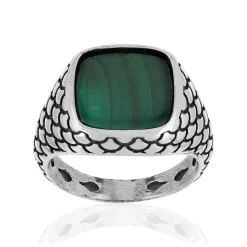 Bague argent 925 écailles malachite carrée