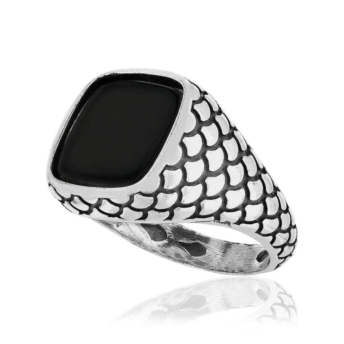 Bague argent 925 écailles onyx carré