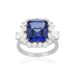 Bague argent corindon synthétique bleu et zirconias.