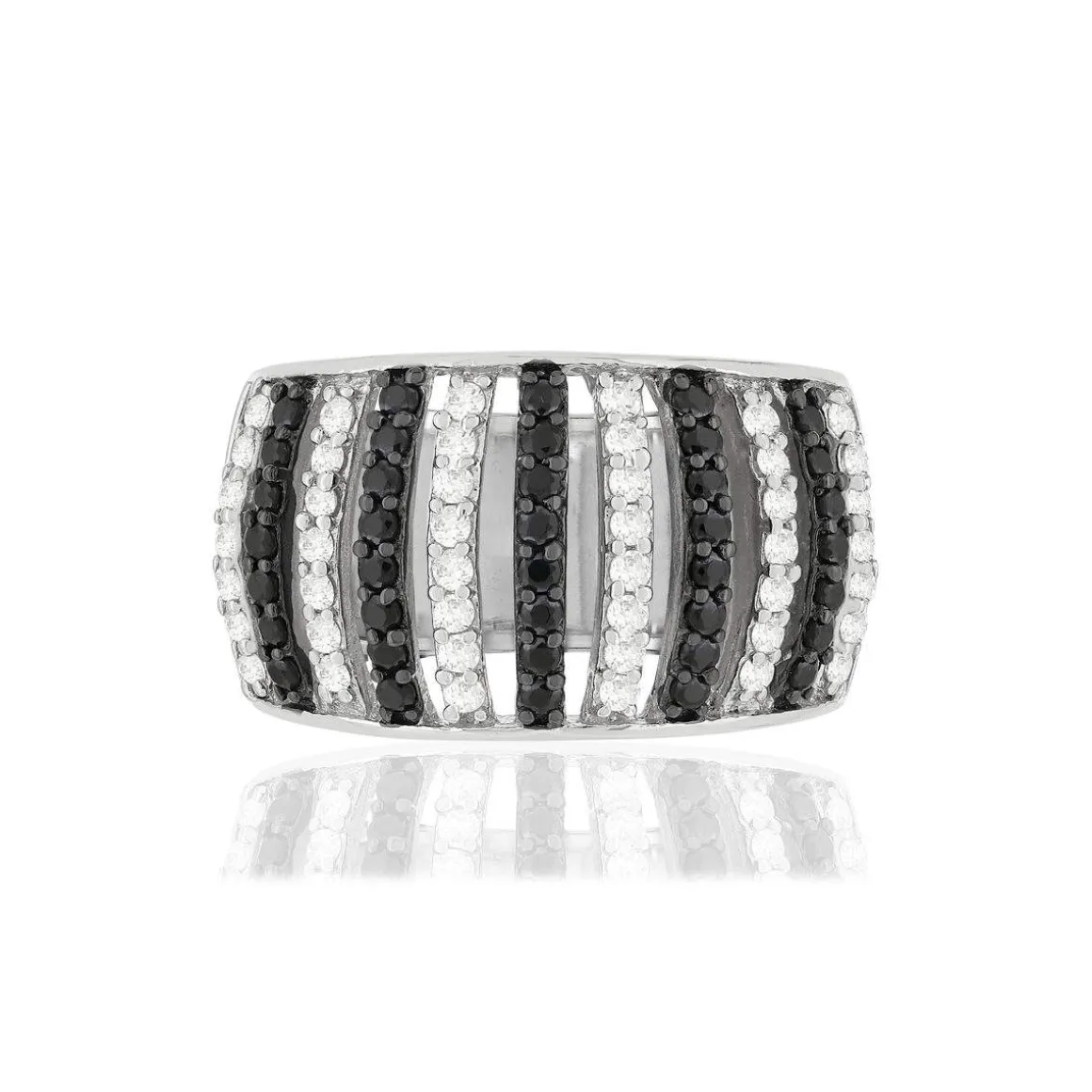 Bague argent 925 et ruthénium noir, spinelles noires et zirconias