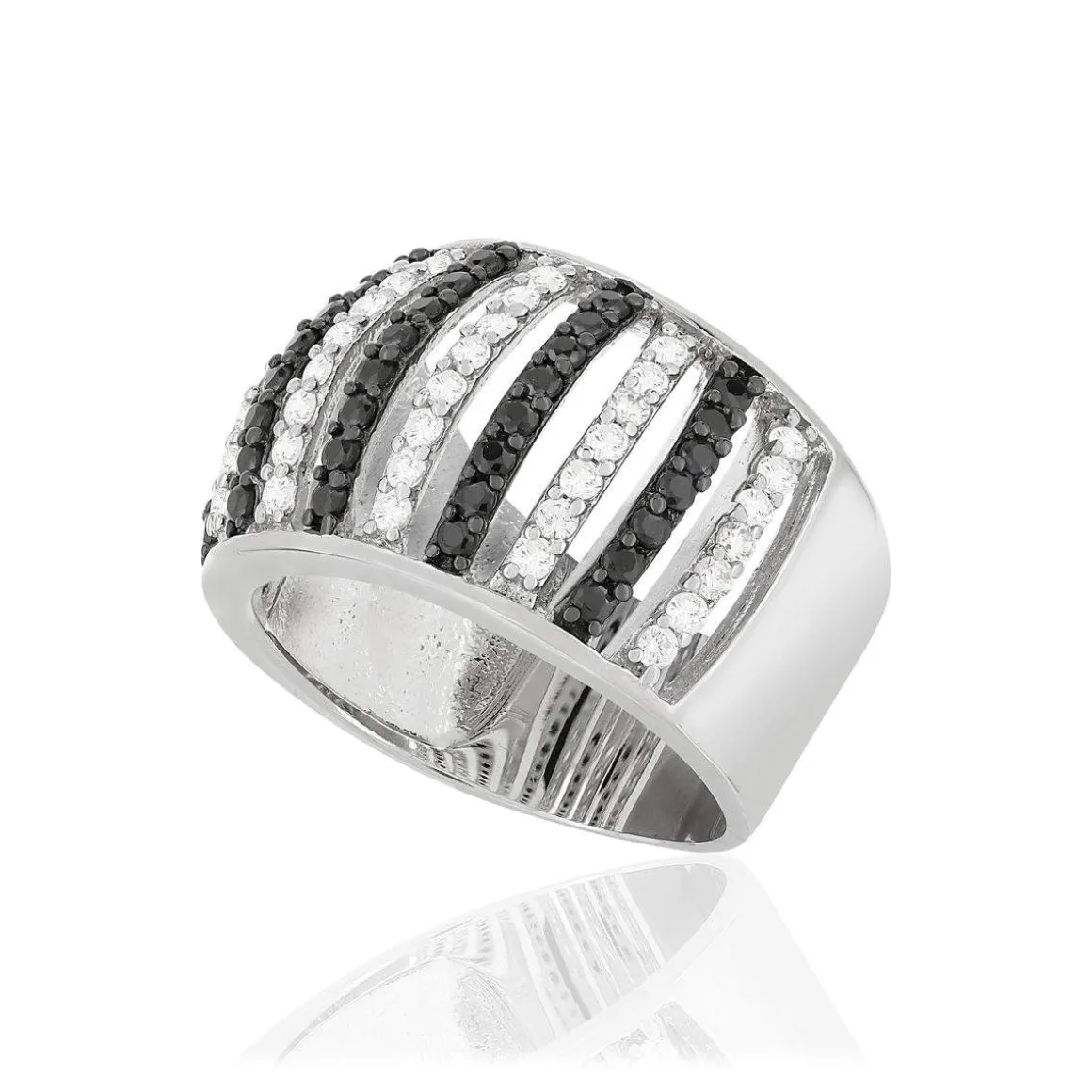 Bague argent 925 et ruthénium noir, spinelles noires et zirconias