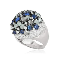 Bague argent 925 et ruthénium noir, pierres imitations bleues zirconias