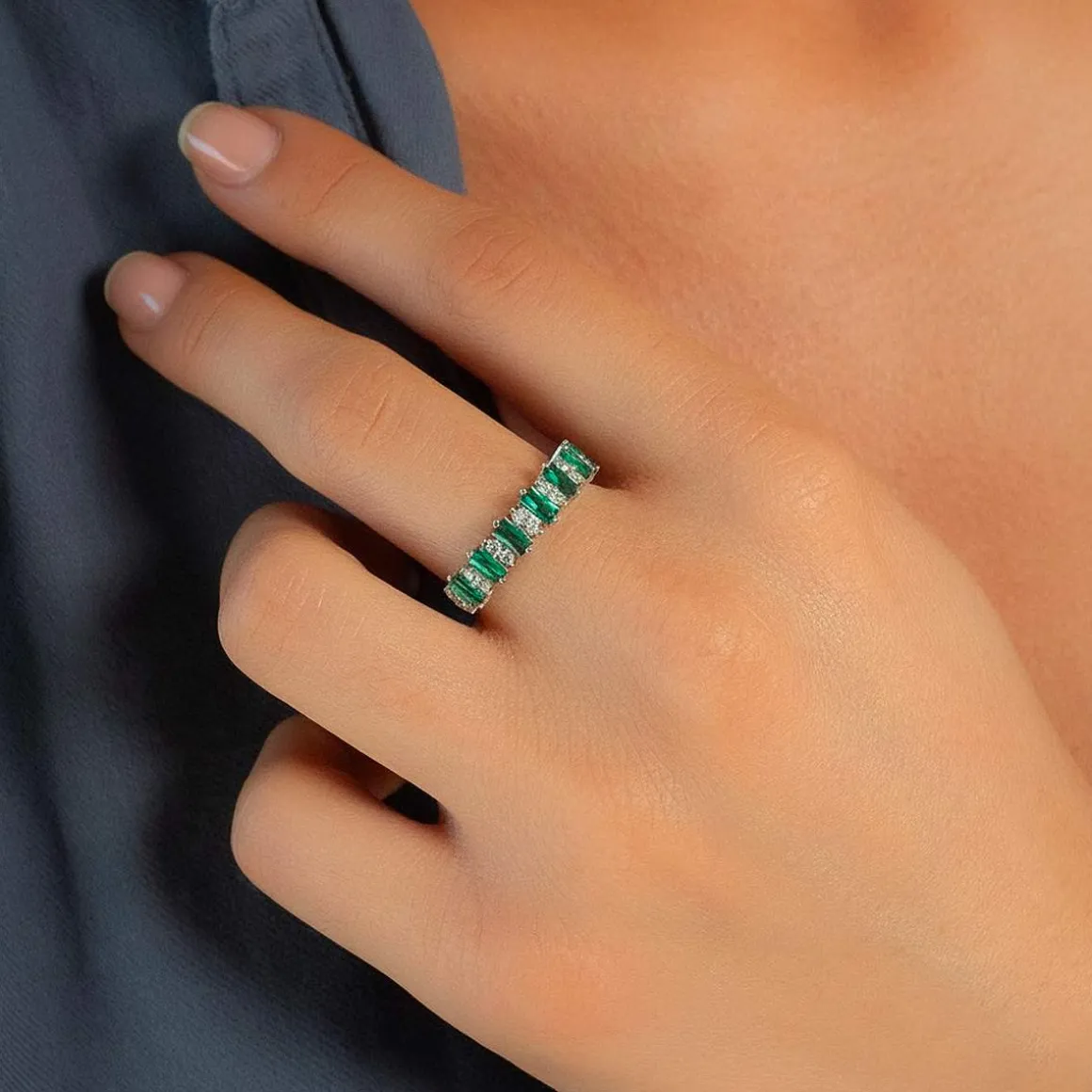 Bague argent 925 et zirconias vert et blanc