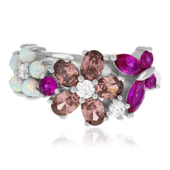Bague argent 925 fleurs et papillon opales, pierres synthétiques et zirconias