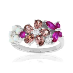Bague argent 925 fleurs et papillon opales, pierres synthétiques et zirconias