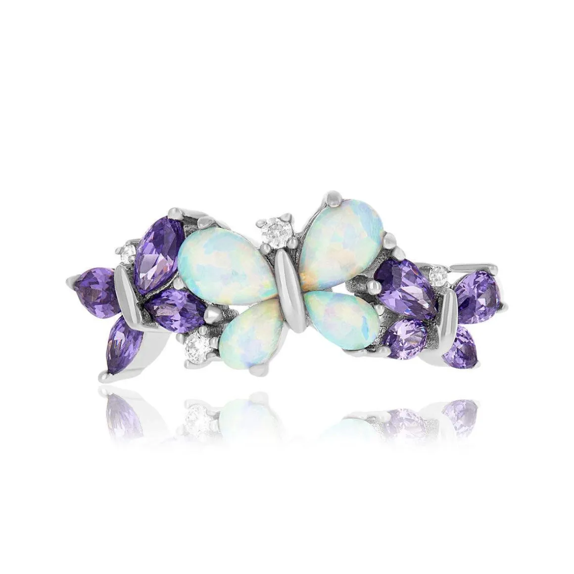 Bague argent 925 papillons opales et zirconias violets