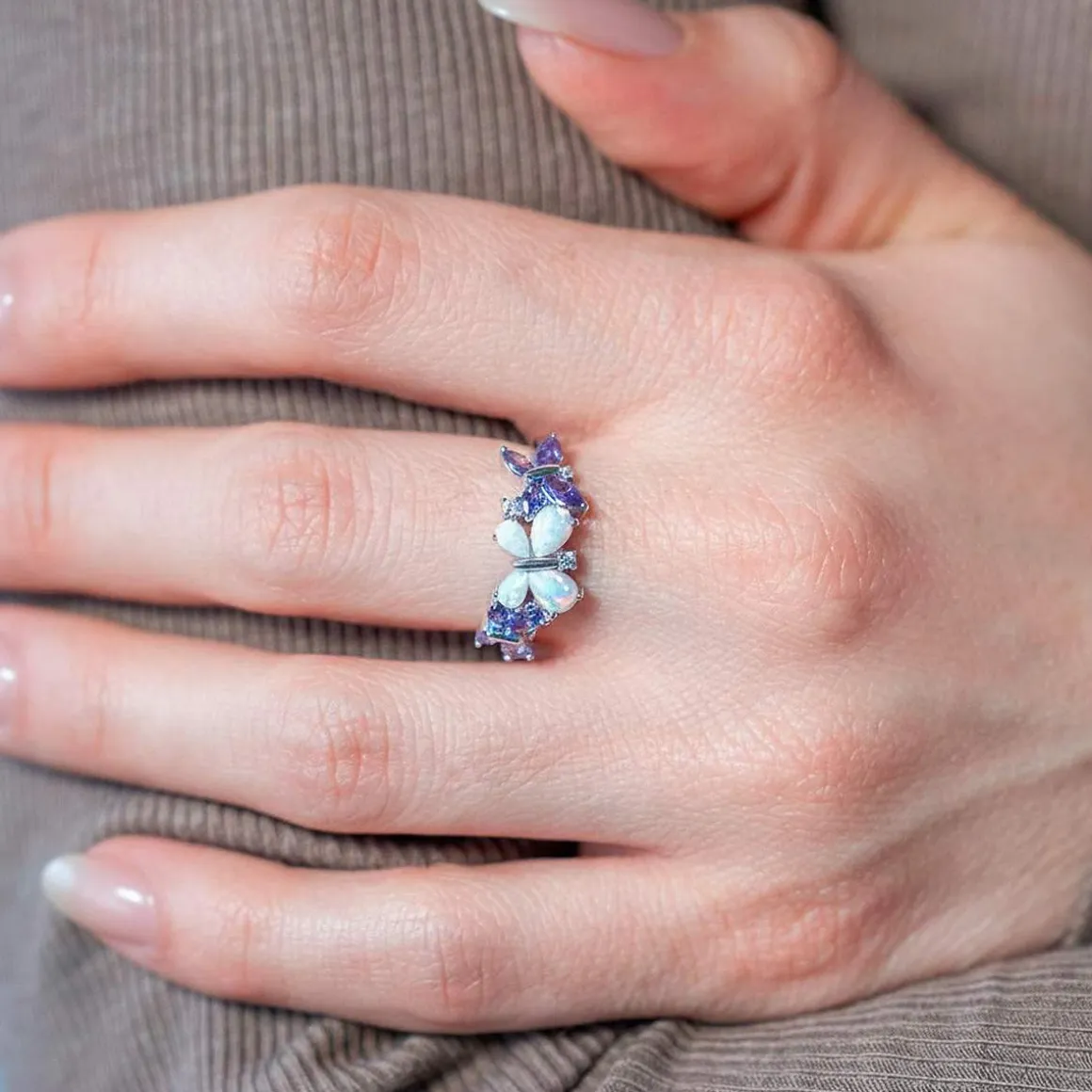 Bague argent 925 papillons opales et zirconias violets