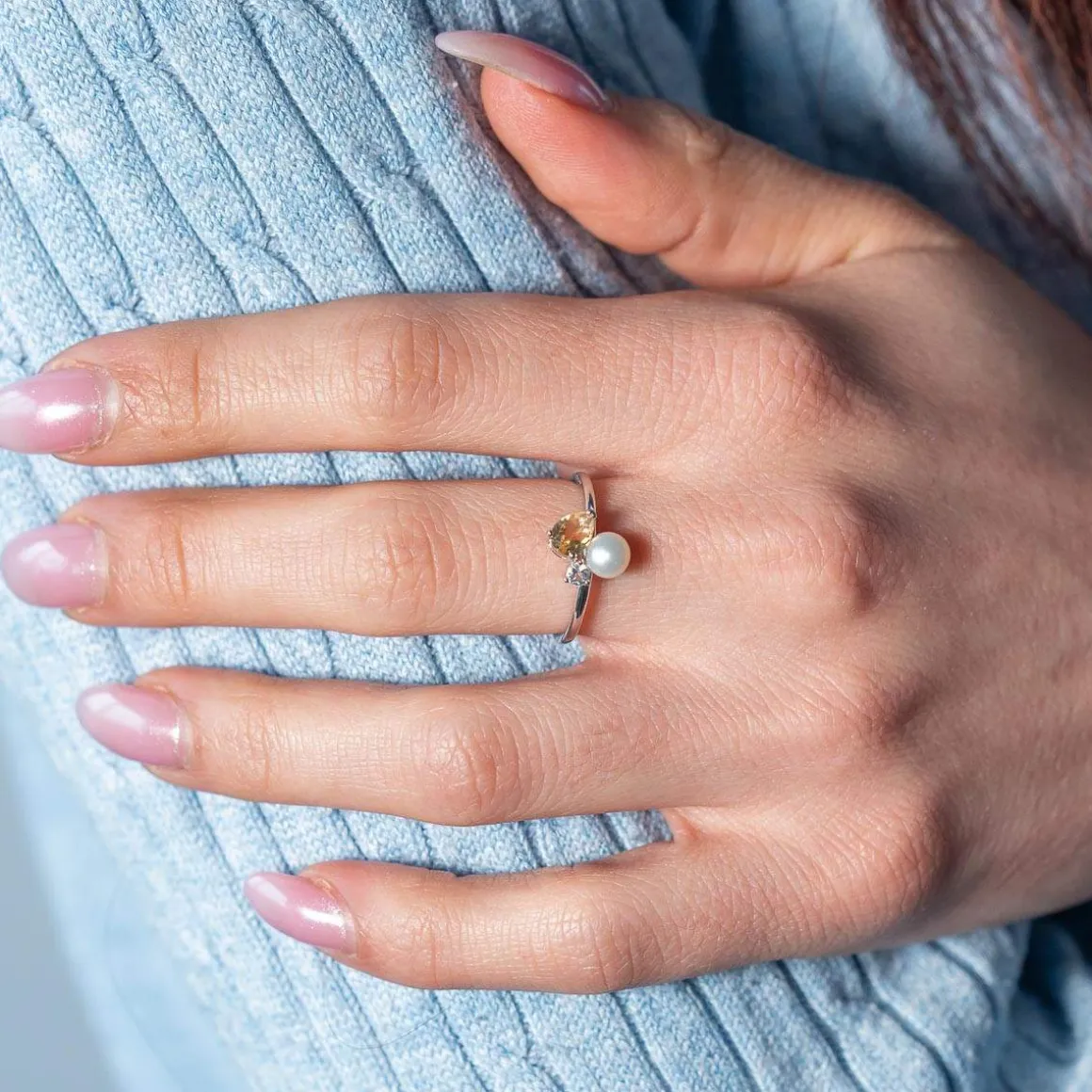 Bague argent 925 perle de Chine citrine et topaze blanche