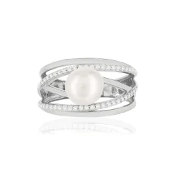 Bague argent 925, perle de culture de Chine, zirconias.