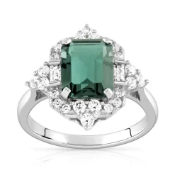 Bague argent 925 pierre imitation verte rectangulaire et zirconias