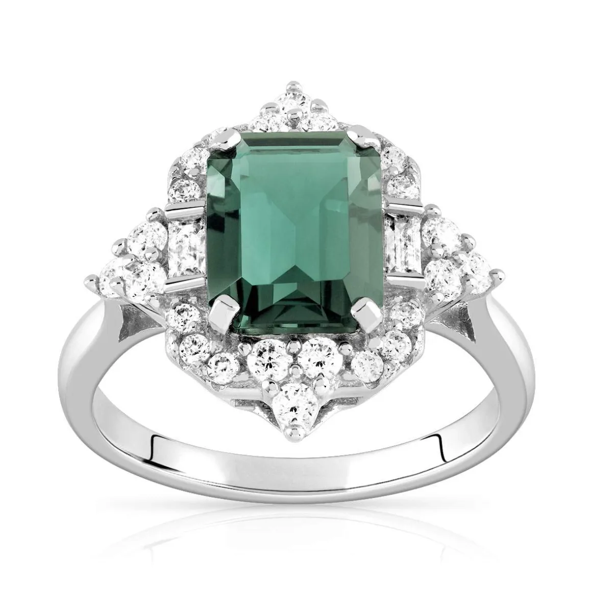 Bague argent 925 pierre imitation verte rectangulaire et zirconias