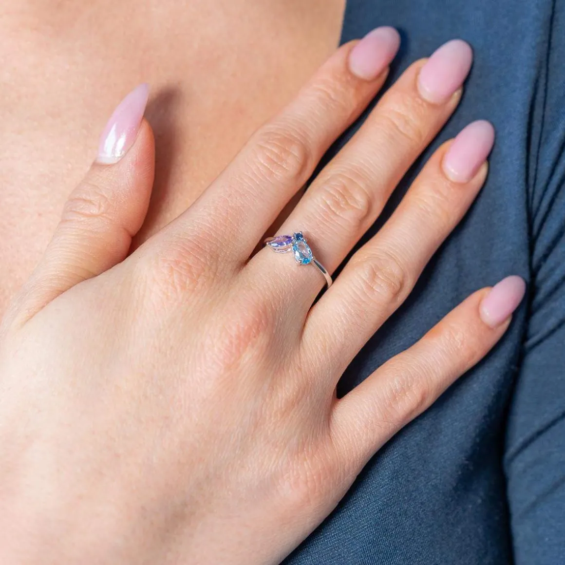 Bague argent 925 pierres synthétiques bleues et violettes