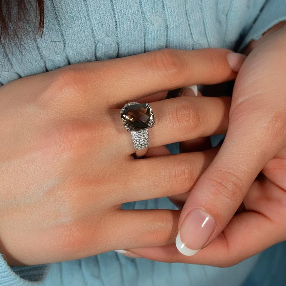 Bague argent 925 quartz fumé et zirconias