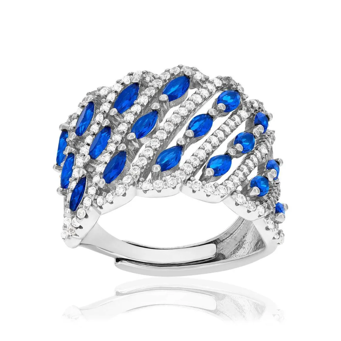Bague argent 925 réglable zirconias bleus et blancs
