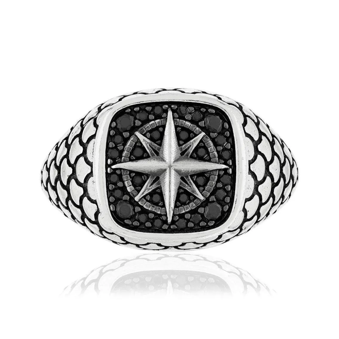 Bague argent 925 rose des vents spinelles noires