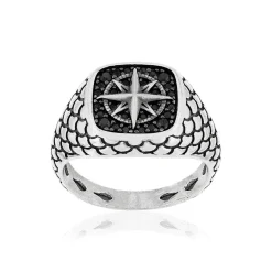 Bague argent 925 rose des vents spinelles noires