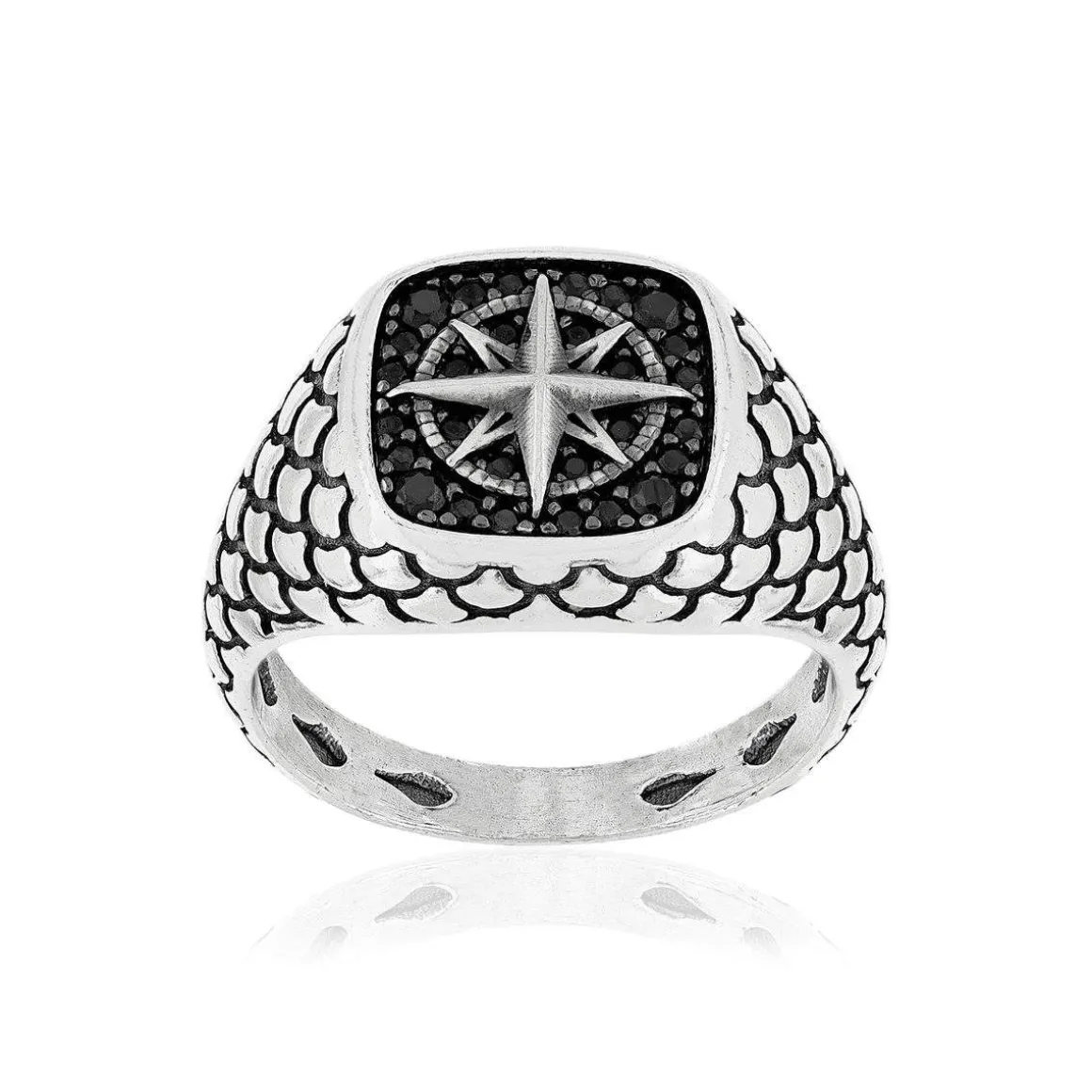 Bague argent 925 rose des vents spinelles noires