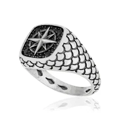 Bague argent 925 rose des vents spinelles noires