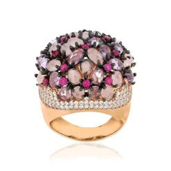 Bague argent 925 rose et ruthénium noir zirconias multicolores