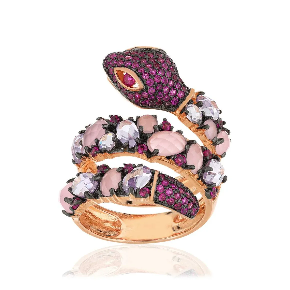 Bague argent 925 rosé serpent zirconias roses et blancs