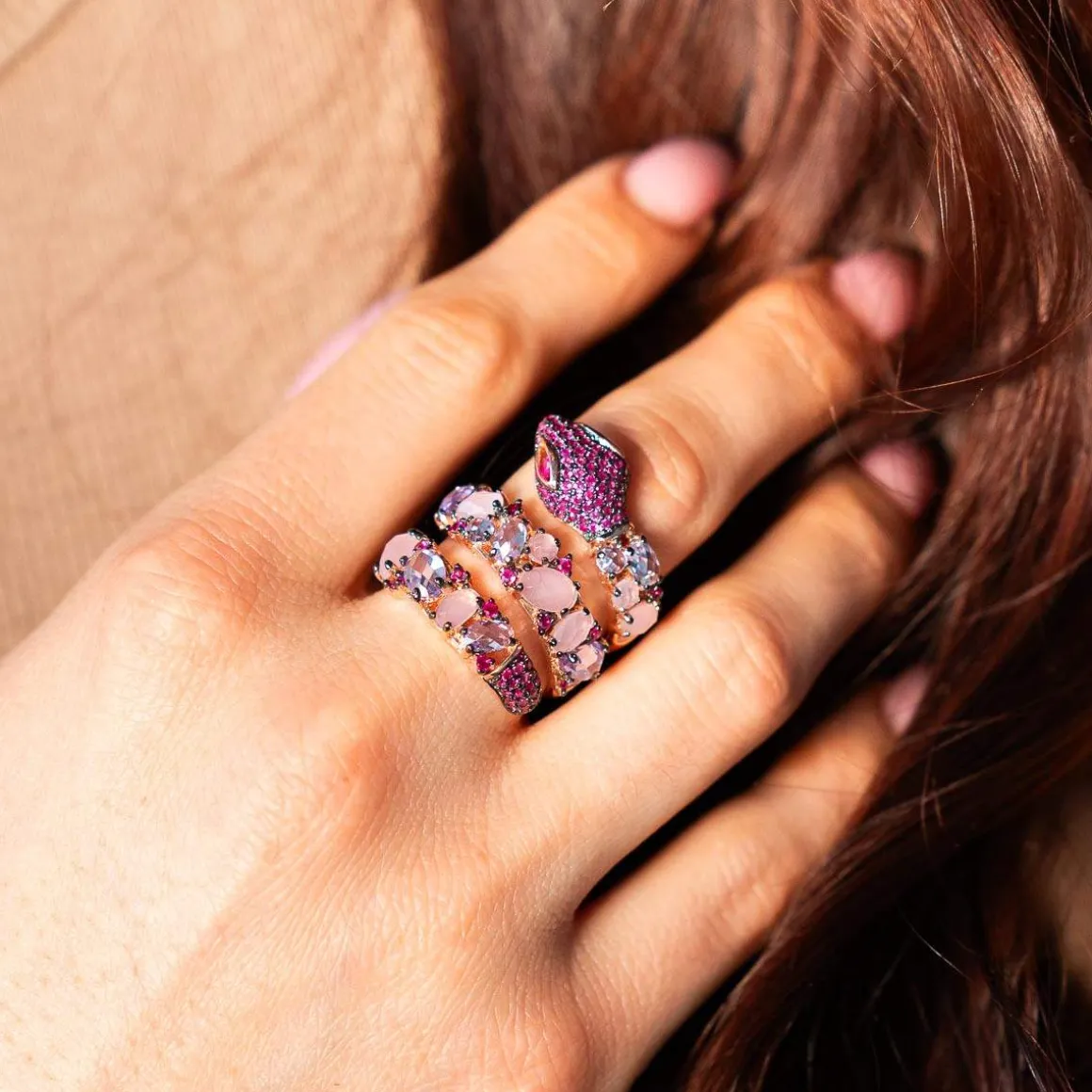 Bague argent 925 rosé serpent zirconias roses et blancs