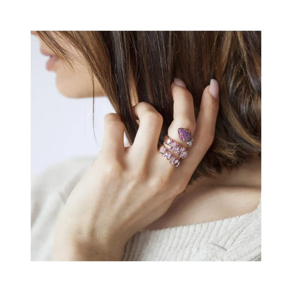 Bague argent 925 rosé serpent zirconias roses et blancs