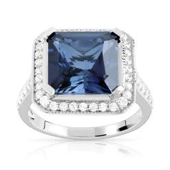 Bague argent 925 saphir imitation carrée et zirconias