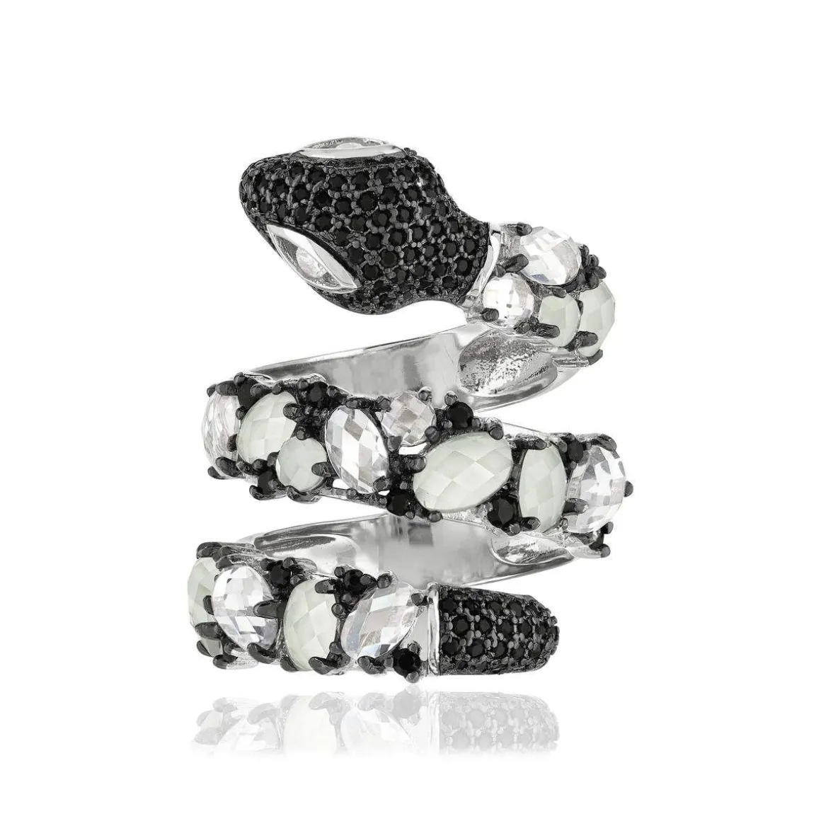 Bague argent 925 serpent pierres imitations et zirconias noirs et blancs