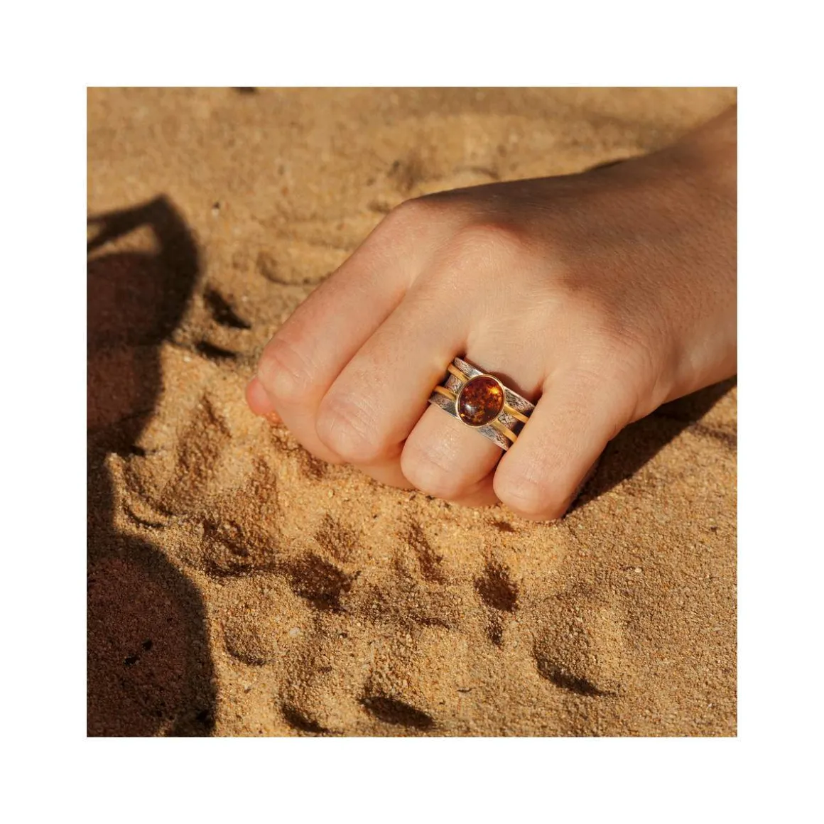 Bague argent 925 2 tons ambre ovale