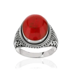 Bague argent 925 vieilli cabochon corail rouge