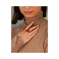 Bague argent 925 vieilli cabochon corail rouge