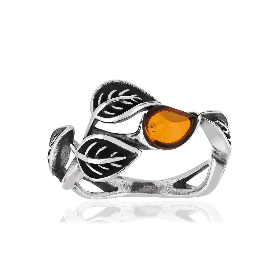Bague argent 925 vieilli feuilles ambre