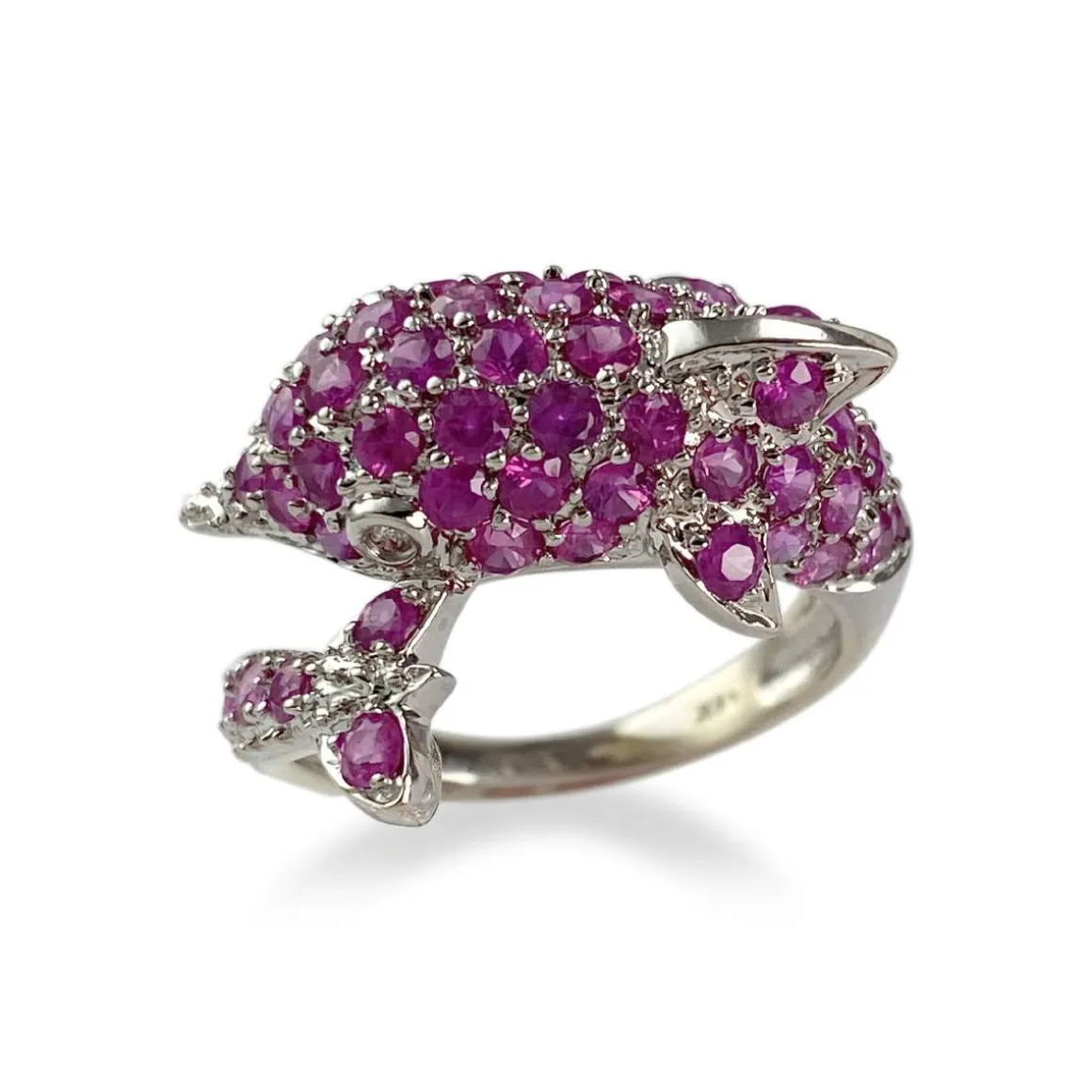 Bague dauphin d'occasion or 585 blanc rubis diamants