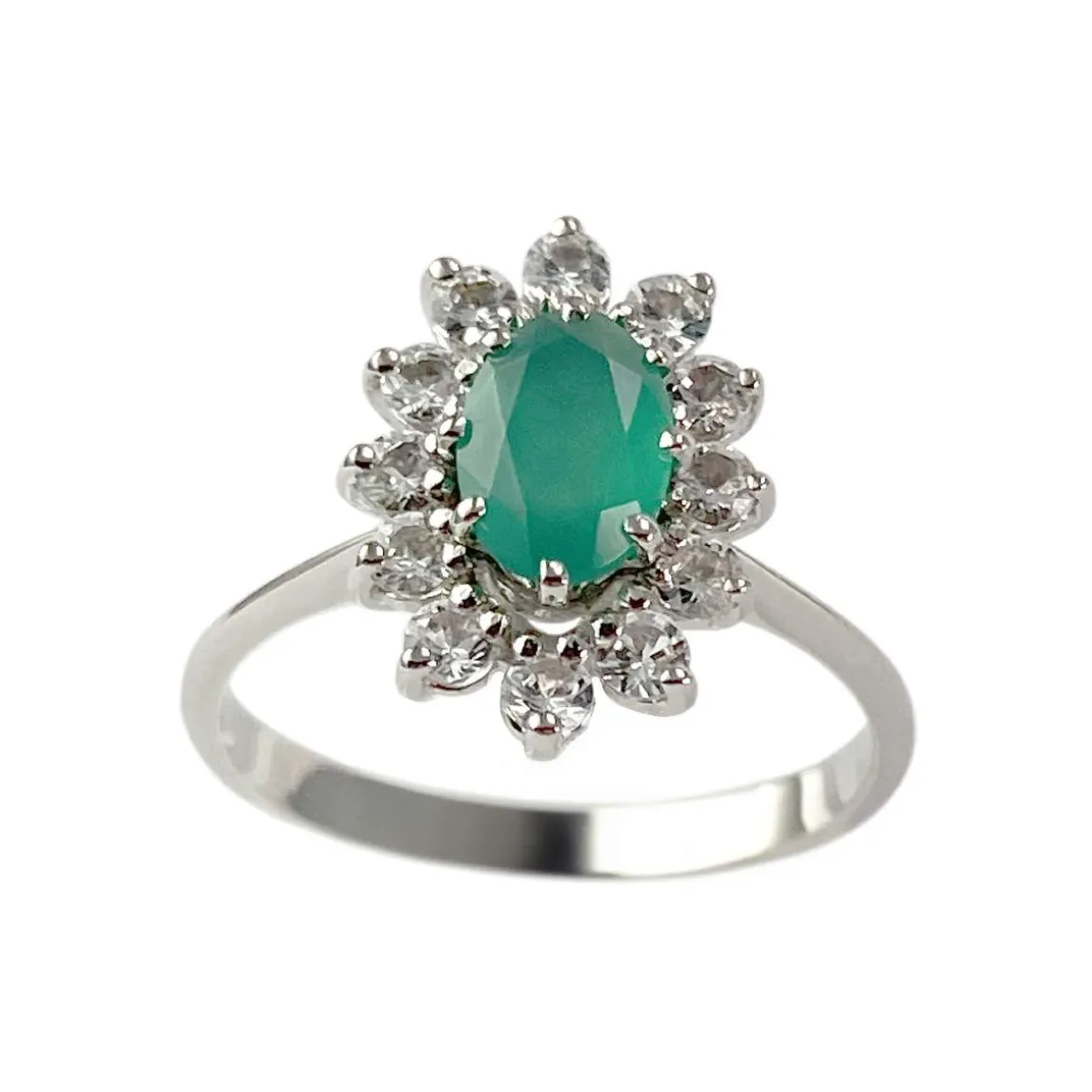 Bague d'occasion or 750 blanc calcédoine teintée verte zirconias