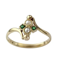 Bague d'occasion or 750 jaune perles de culture et pierres vertes