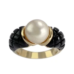 Bague d'occasion or 750 jaune perle de culture résine noire