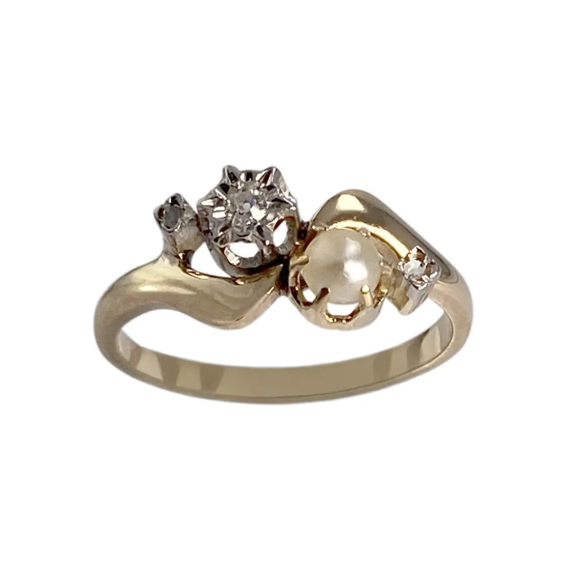 Bague d'occasion or 750 jaune platine perle de culture diamants
