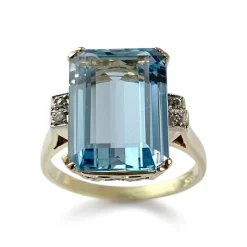 Bague d'occasion or 585 2 tons aigue marine diamants
