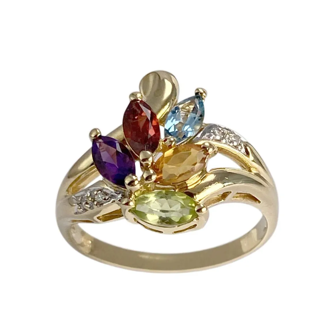 Bague d'occasion or 750 2 tons amethyste grenat topaze bleue citrine peridot diamant