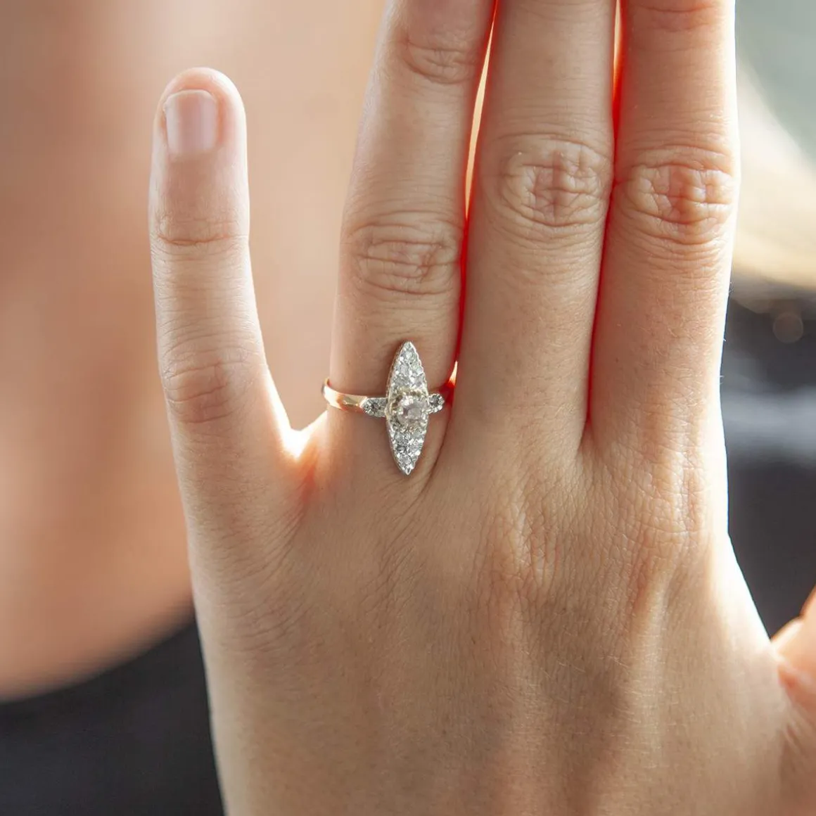 Bague marquise d'occasion or 750 jaune platine et diamants