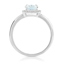 Bague or 375 blanc aigue-marine ovale et diamants