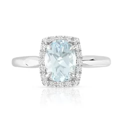 Bague or 375 blanc aigue-marine ovale et diamants