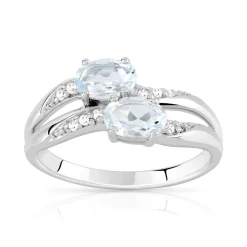 Bague or 375 blanc aigues-marines ovales et diamants