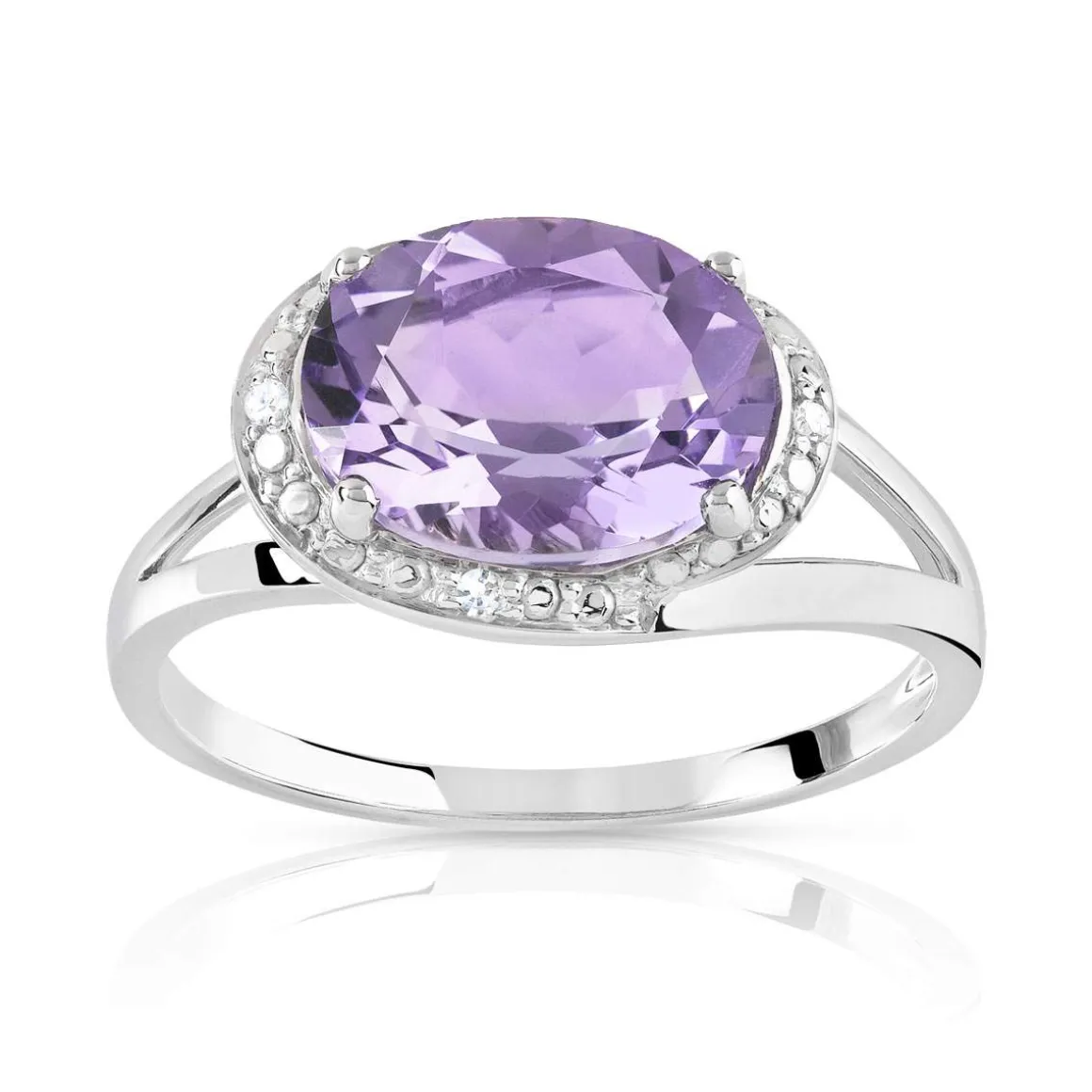 Bague or 375 blanc améthyste ovale et diamants