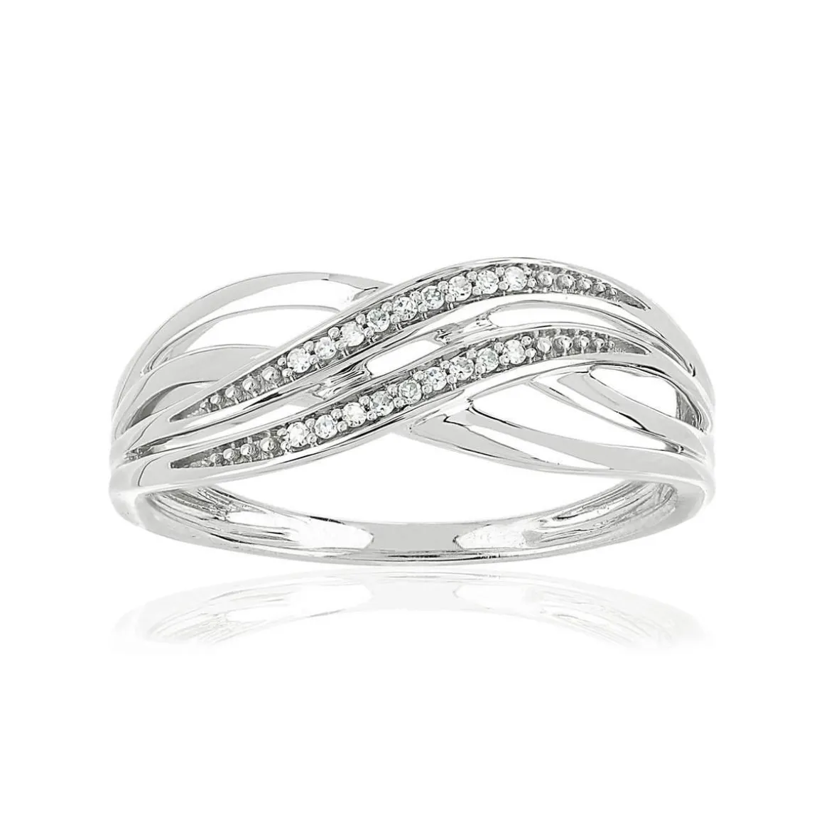Bague or 375 blanc anneaux croisés diamants
