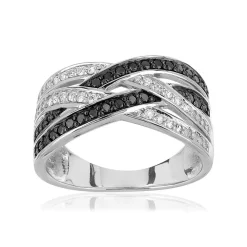 Bague or 375 blanc anneaux entrelacés diamants blancs et noirs traités