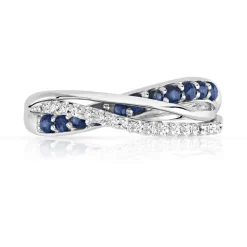 Bague or 750 blanc anneaux entrelacés saphirs et diamants