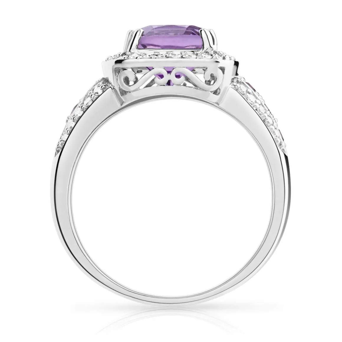 Bague or 750 blanc carrée améthystes et diamants