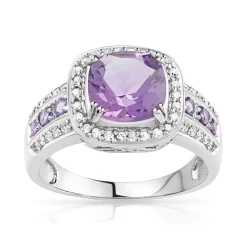 Bague or 750 blanc carrée améthystes et diamants