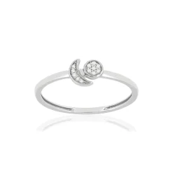 Bague or blanc 375 diamants, motif lune et soleil